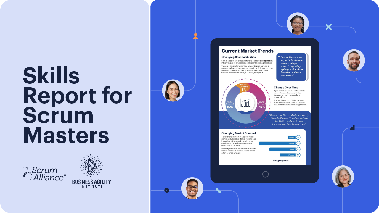 A graphic promoting the scrum master skills report 2024